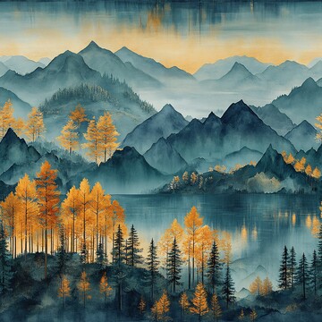 山水流云图山水山峰蓝绿3