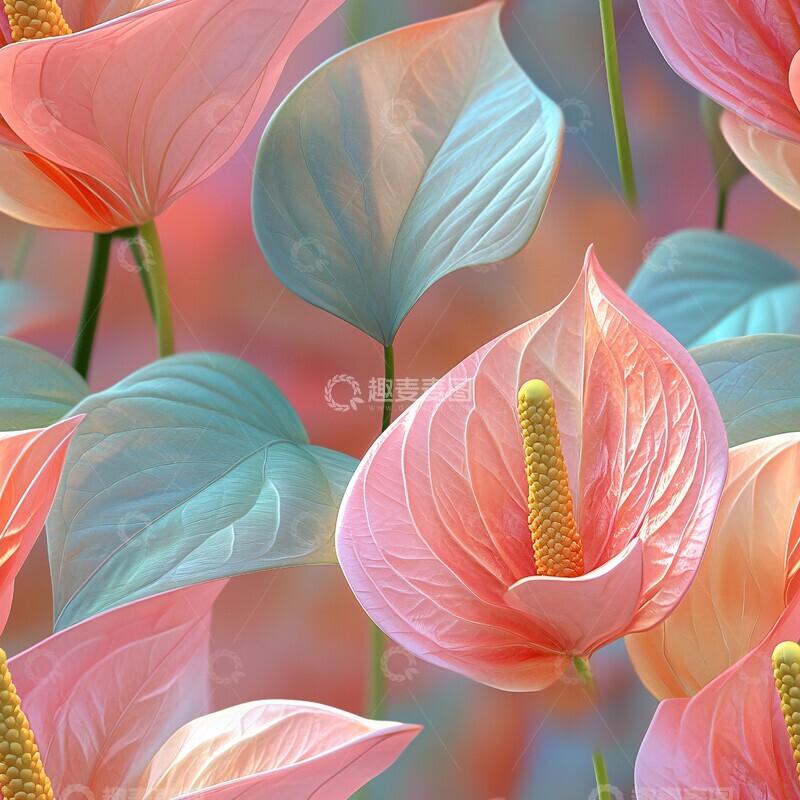 高清大图下载【趣麦麦图】粉红花烛与绿叶水彩2