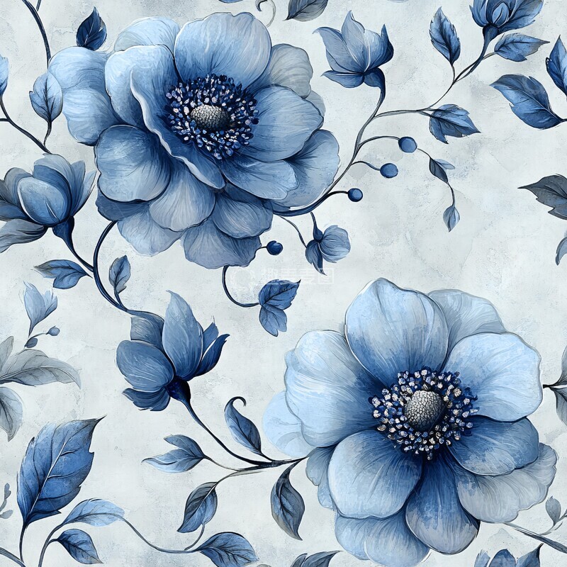 高清大图下载【趣麦麦图】蓝色花叶纹样3