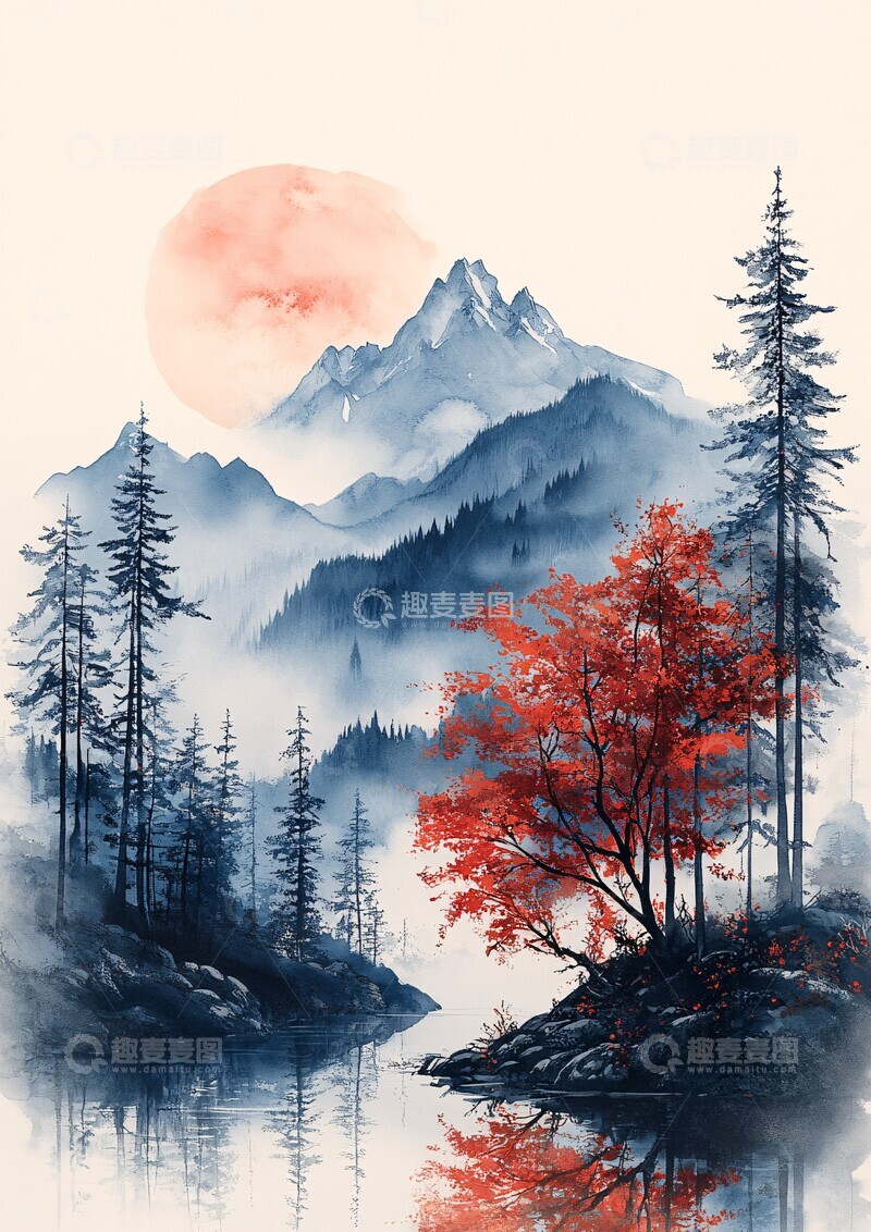 高清大图下载【趣麦麦图】-山水树木壁画3