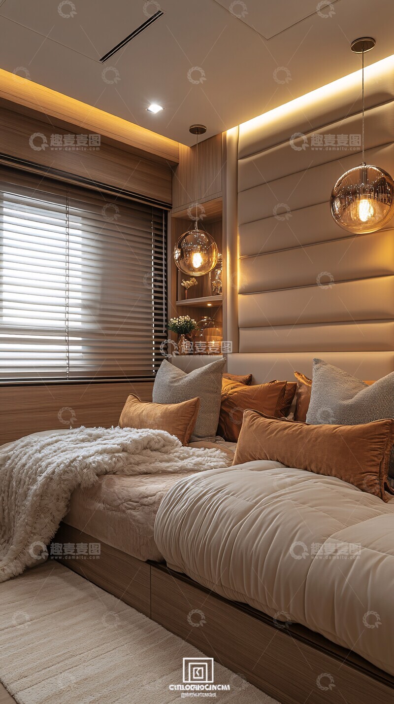 高清大图下载【趣麦麦图】条纹床头板双床卧室3