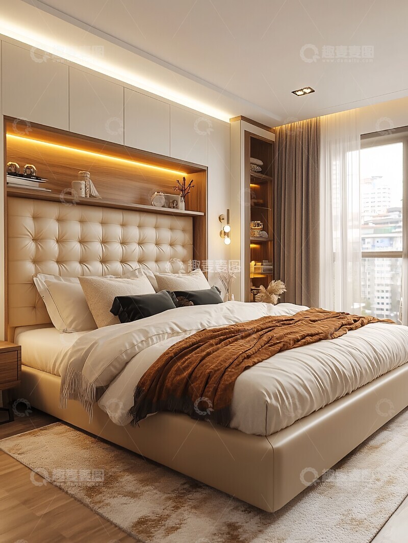 高清大图下载【趣麦麦图】-大床白墙皮革床头3