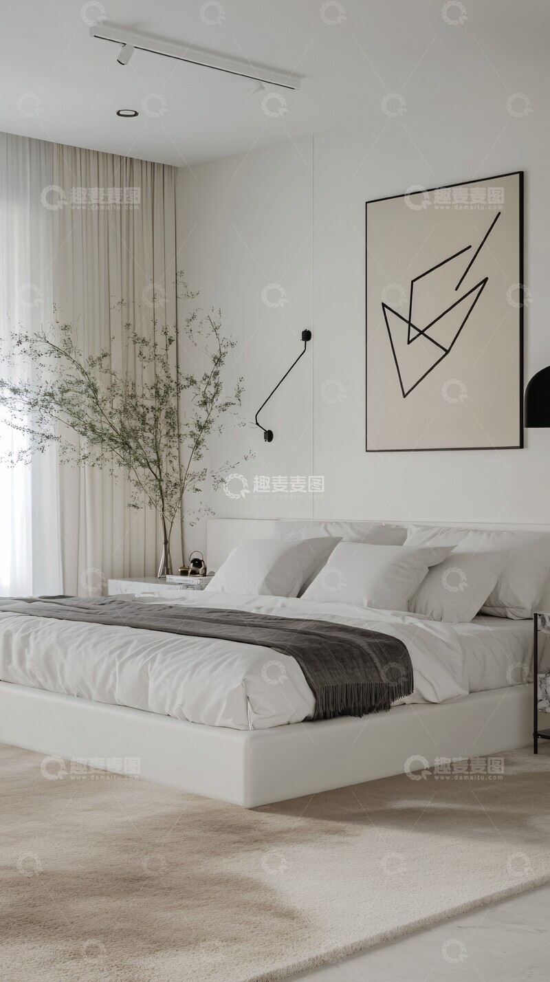 高清大图下载【趣麦麦图】-简约白床黑色灯2
