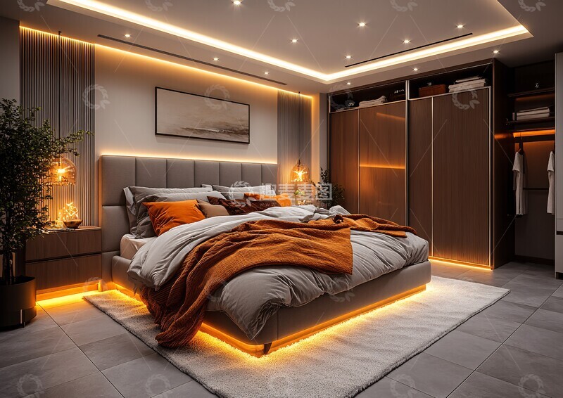 高清大图下载【趣麦麦图】灰色墙壁暖灰地板卧室3