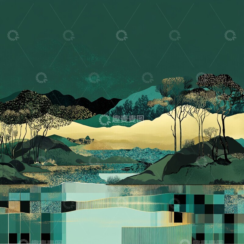 高清大图下载【趣麦麦图】绿黑方格湿地画3