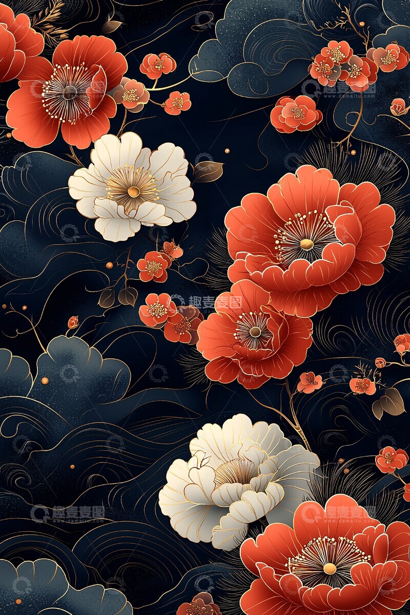 高清大图下载【趣麦麦图】红花云纹布料3