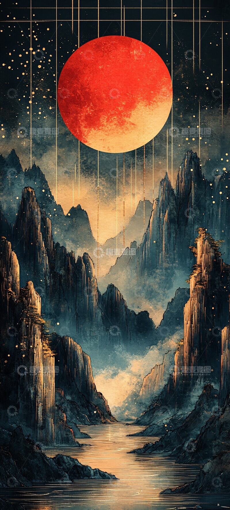 高清大图下载【趣麦麦图】山水金月墨彩图3