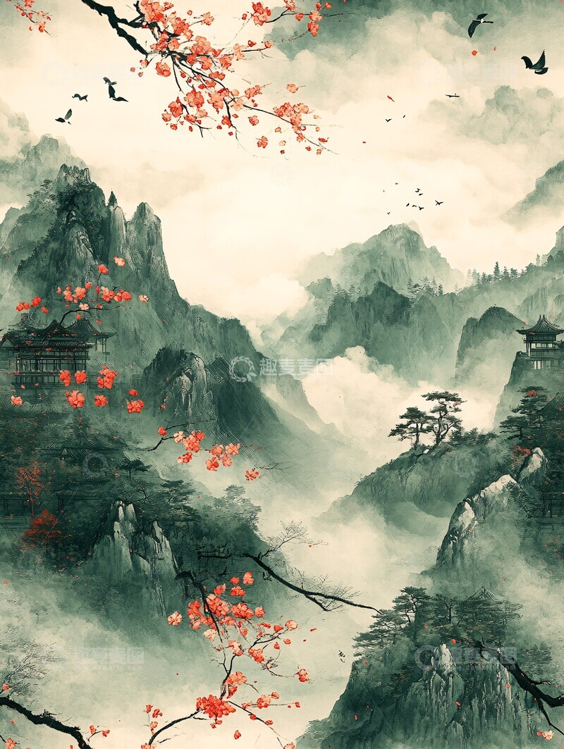 高清大图下载【趣麦麦图】云雾山鸟花树2