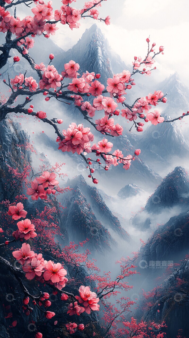 春山雪峰桃花图3