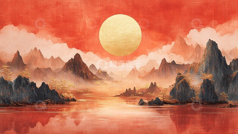 高清大图下载【趣麦麦图】金箔山水云雾图3