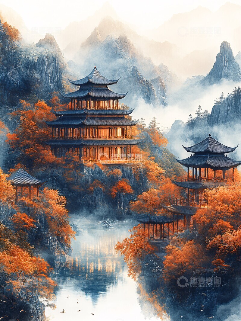 高清大图下载【趣麦麦图】山水金边空白画3