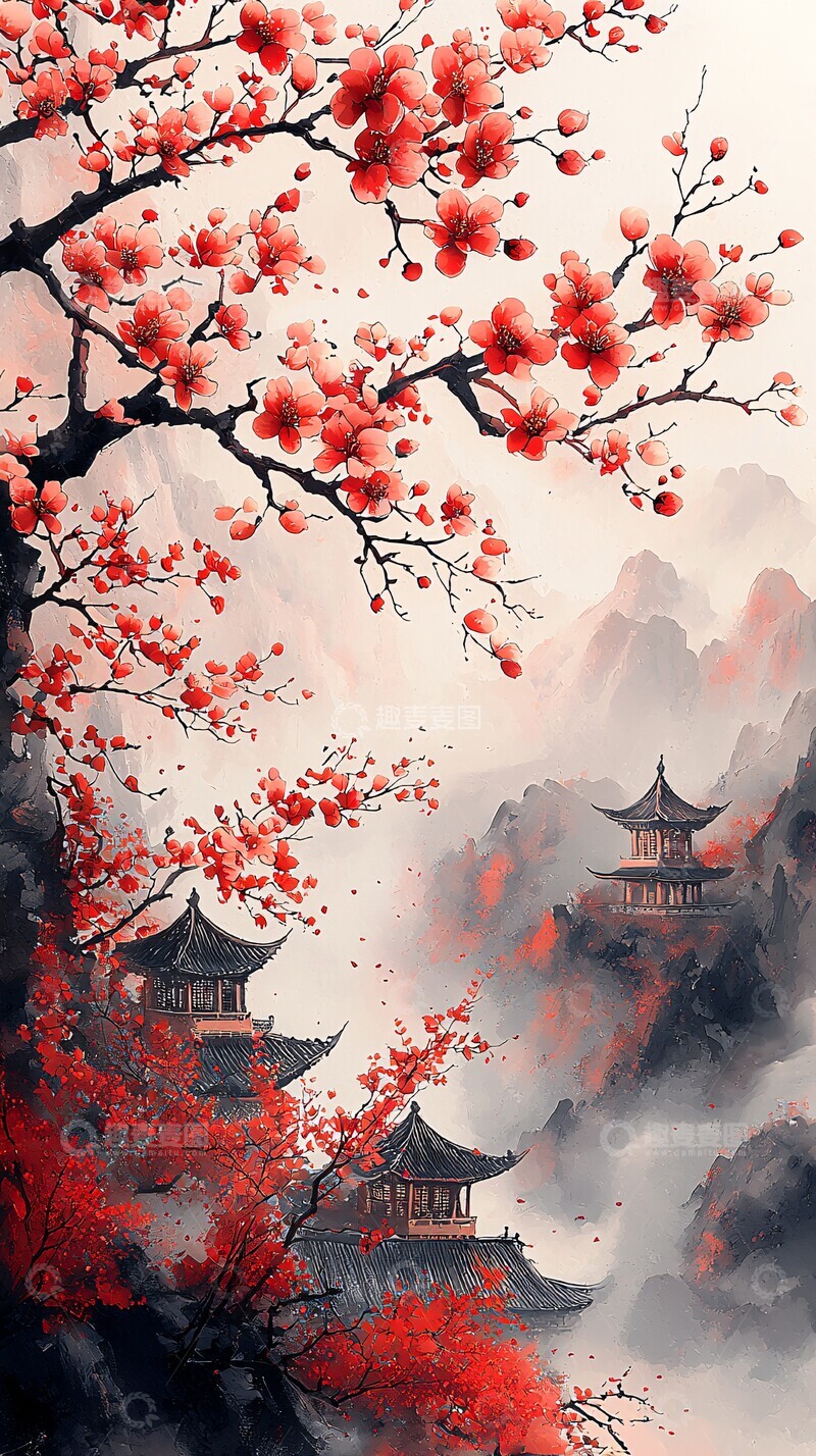 高清大图下载【趣麦麦图】红白梅花墨韵图3