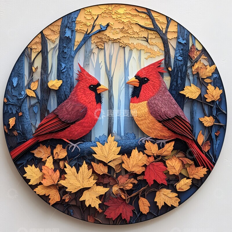 高清大图下载【趣麦麦图】红雀秋林木雕3