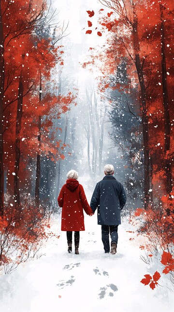 雪中漫步森林老人夫妻1