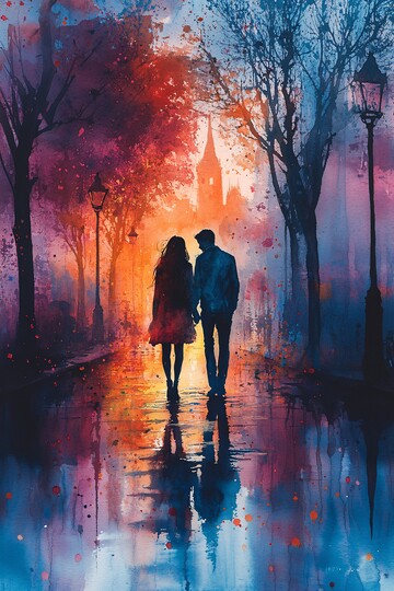 情侣散步水彩画1