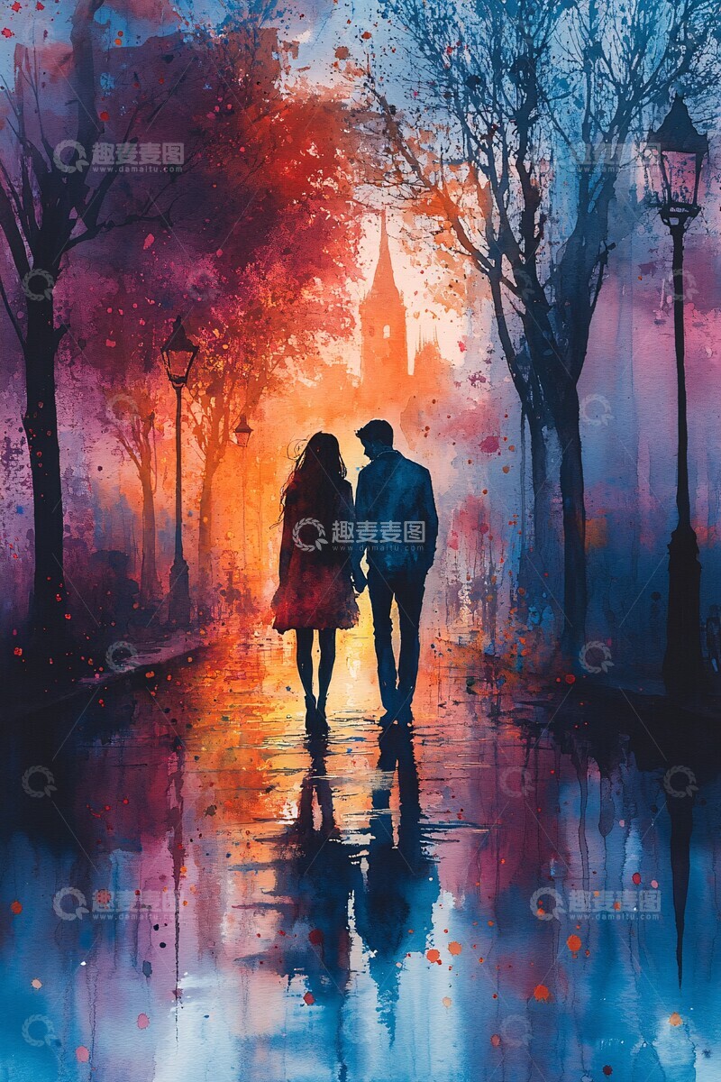 高清大图下载【趣麦麦图】情侣散步水彩画1