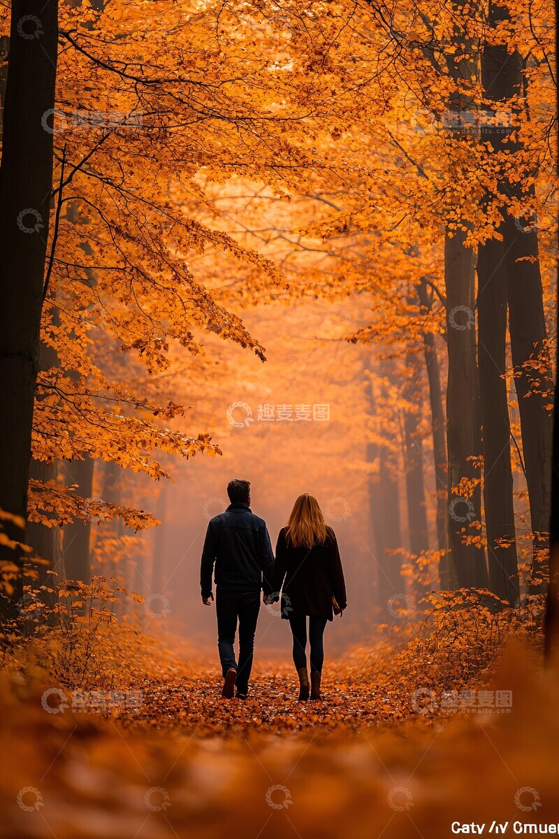 高清大图下载【趣麦麦图】牵手漫步秋叶间2