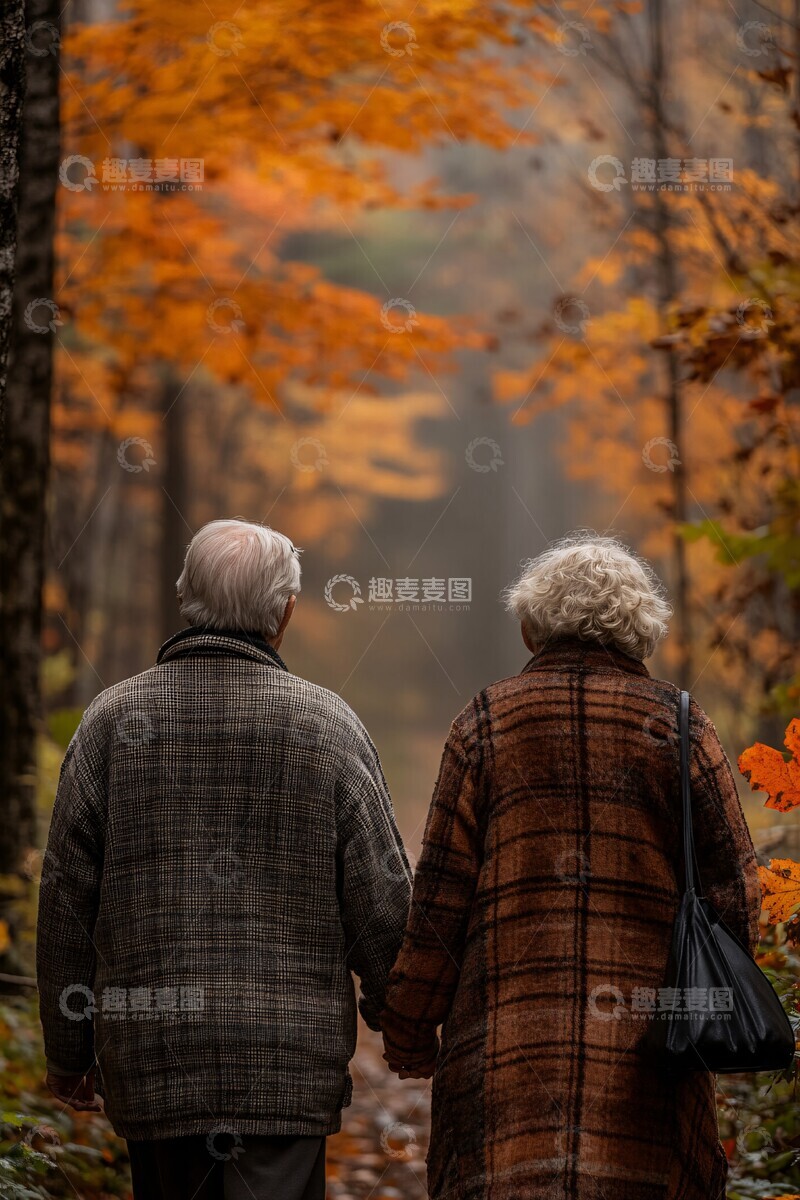 高清大图下载【趣麦麦图】秋叶林中情侣漫步3