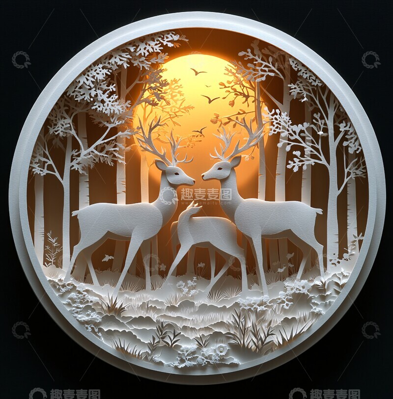 高清大图下载【趣麦麦图】三鹿纸雕森林景3