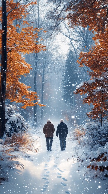 雪中漫步森林老人夫妻2