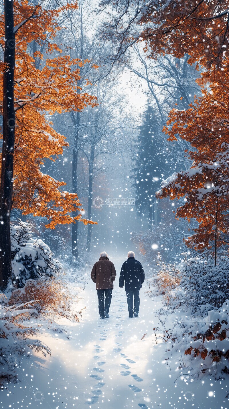 雪中漫步森林老人夫妻2