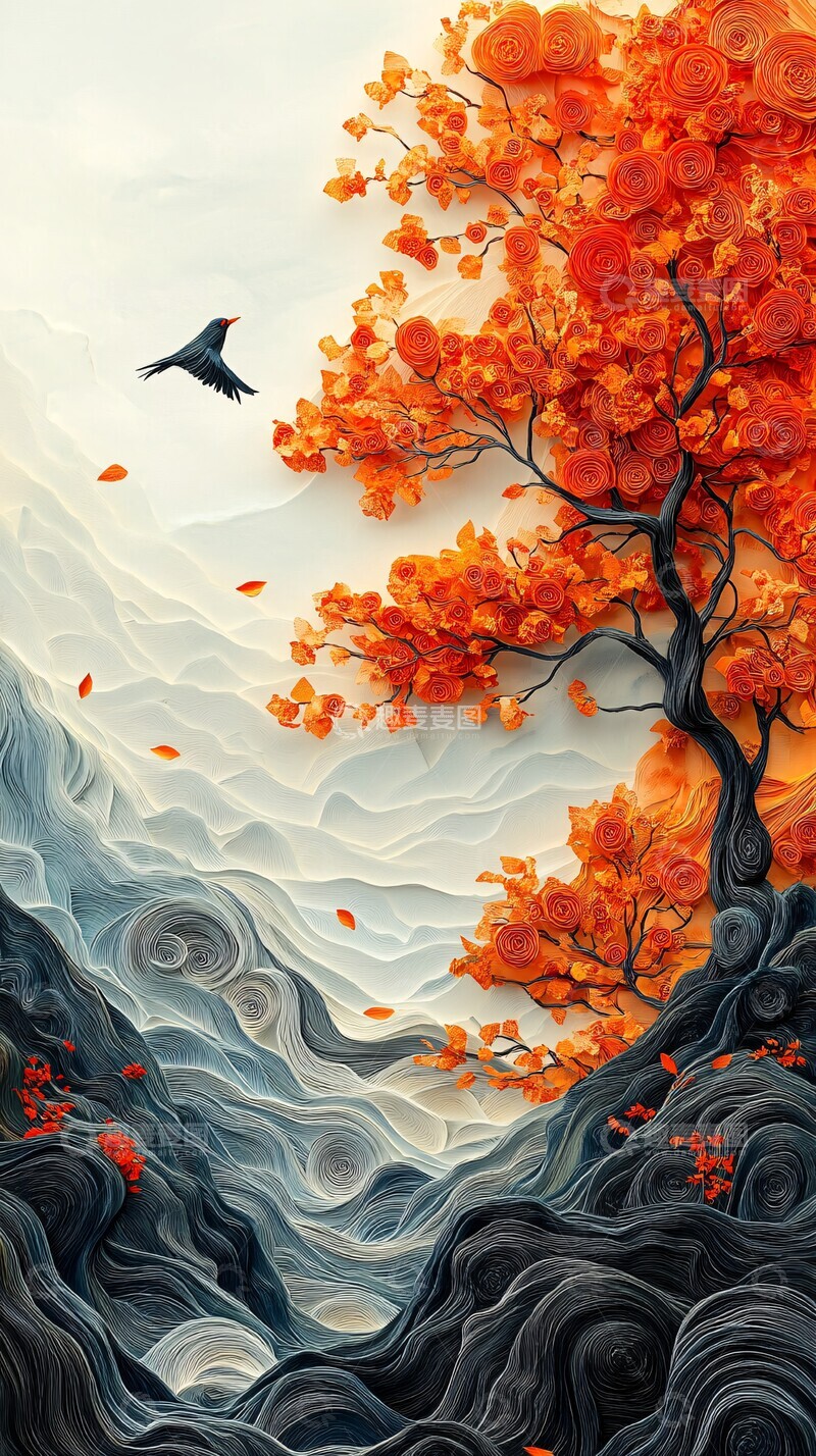 高清大图下载【趣麦麦图】秋日纸艺鸟树图1