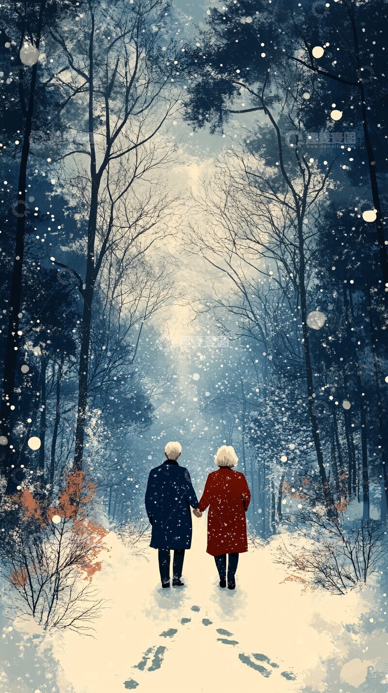 高清大图下载【趣麦麦图】雪中漫步森林老人夫妻3