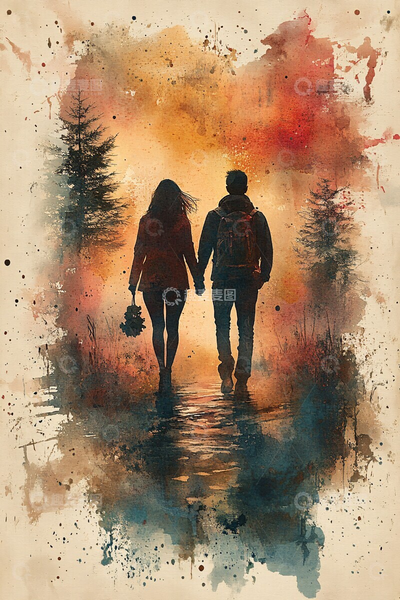 高清大图下载【趣麦麦图】情侣散步水彩画2