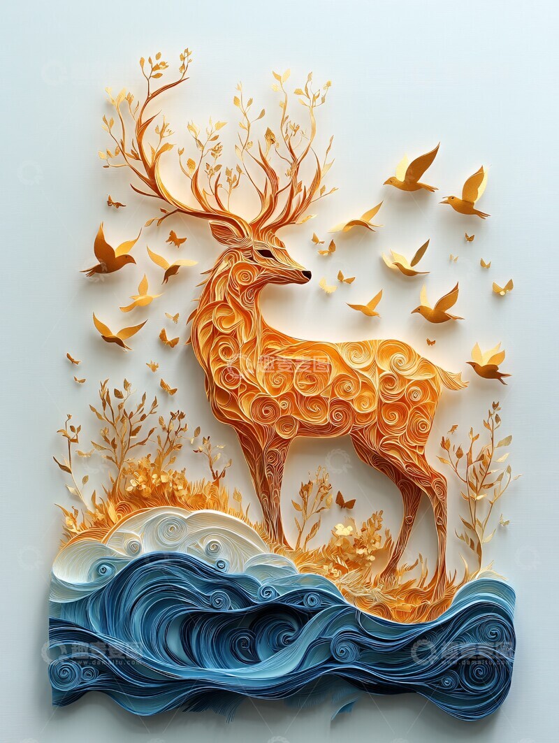 高清大图下载【趣麦麦图】金鹿剪纸装饰画3