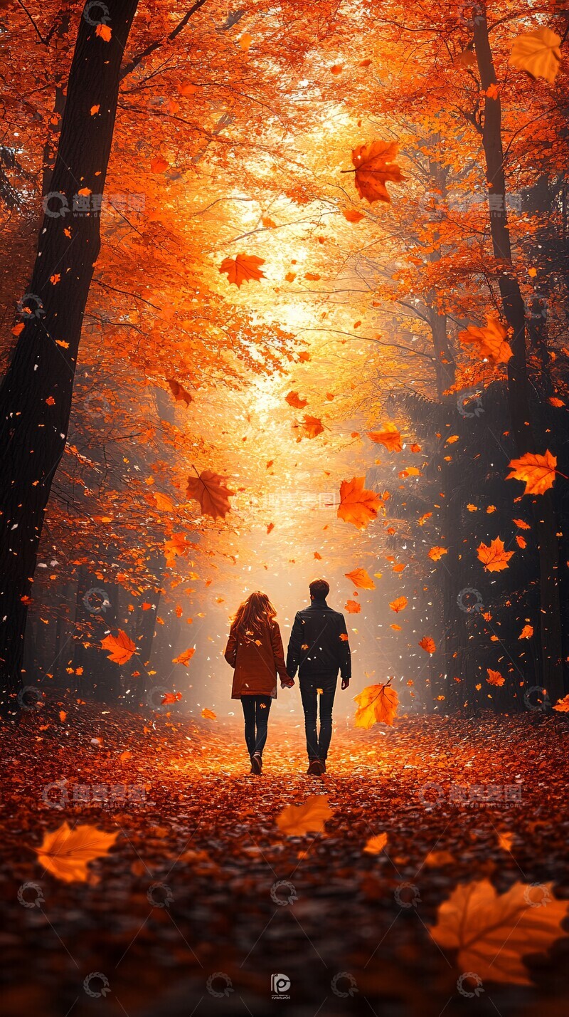 高清大图下载【趣麦麦图】枫林小径情侣照3