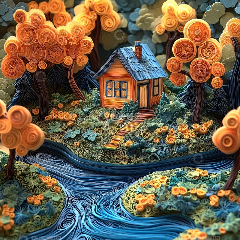 高清大图下载【趣麦麦图】森林小屋与河流2