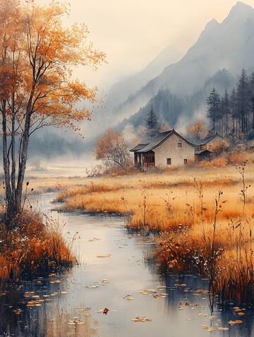 溪流穿田过溪流湿地村庄2