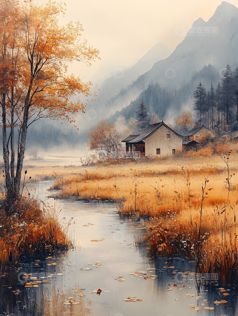 高清大图下载【趣麦麦图】-溪流穿田过溪流湿地村庄2