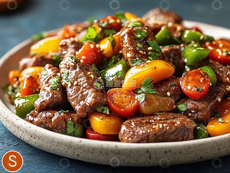 高清大图下载【趣麦麦图】牛肉青椒蔬菜盘