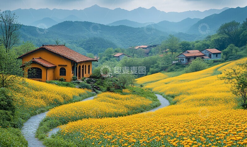 高清大图下载【趣麦麦图】油菜花与村庄2