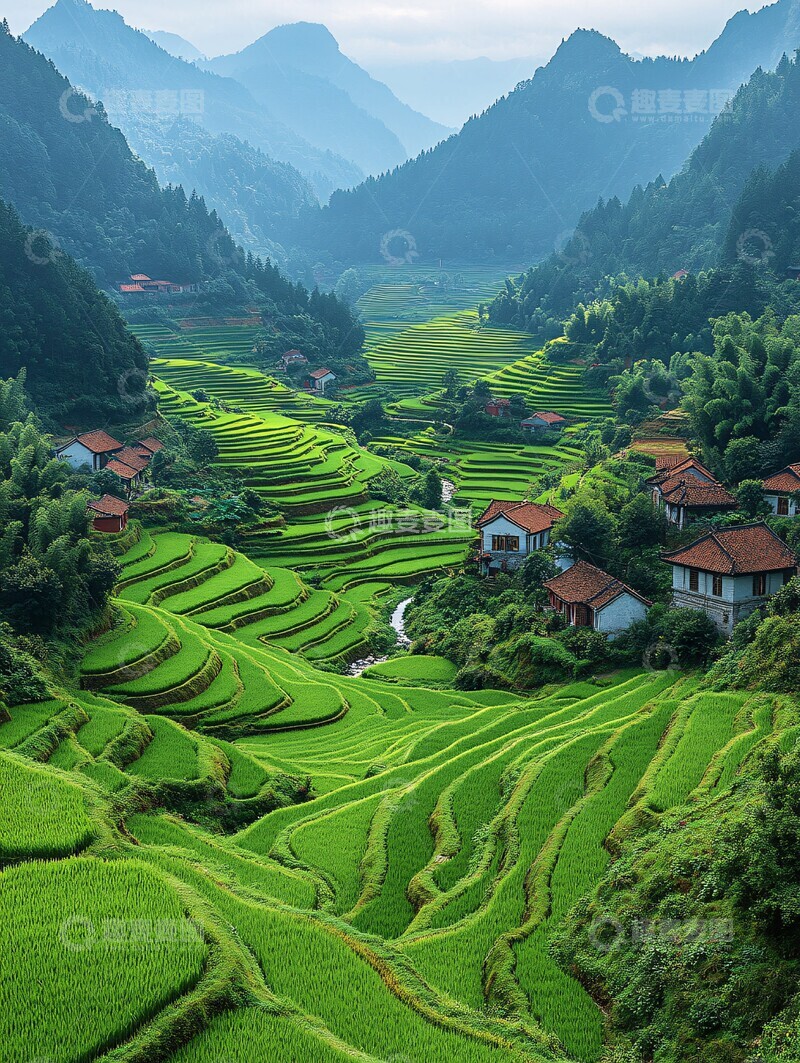 高清大图下载【趣麦麦图】稻田村庄风光2