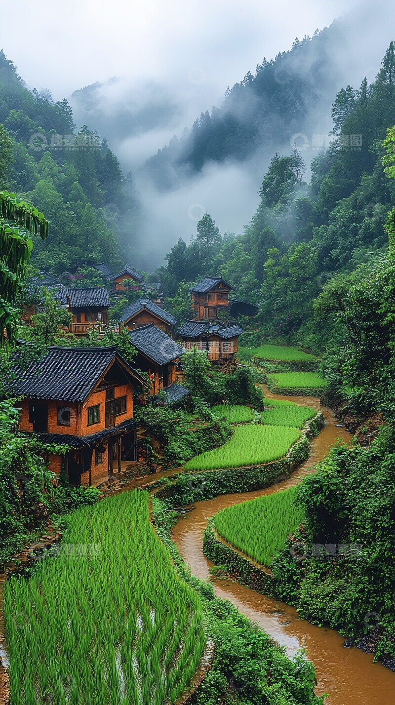 高清大图下载【趣麦麦图】稻田山村云雾缭绕2