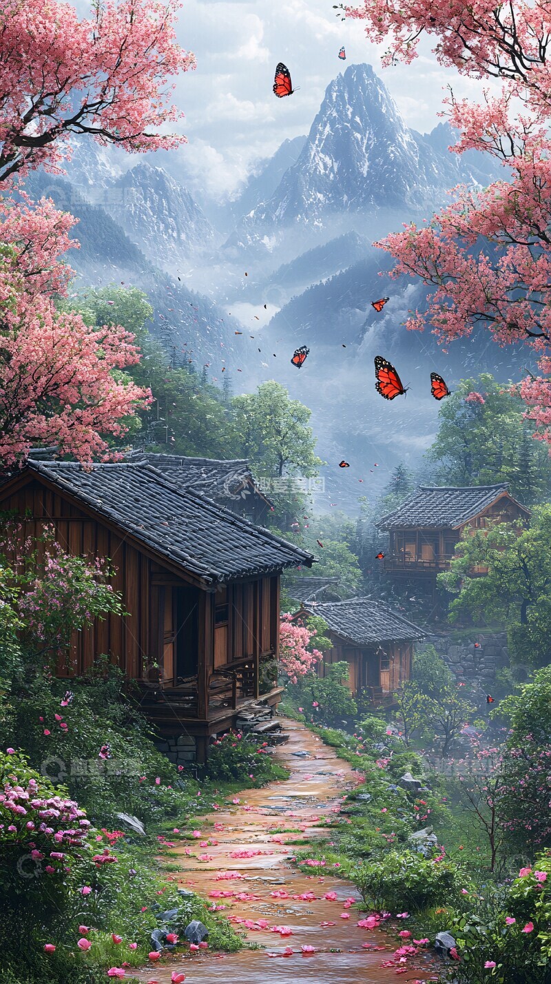 高清大图下载【趣麦麦图】乡间小路蝴蝶飞舞1