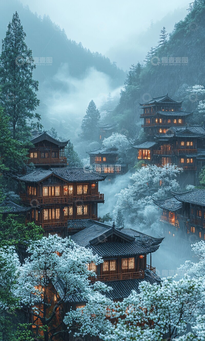 高清大图下载【趣麦麦图】-山间木屋夜雨图2