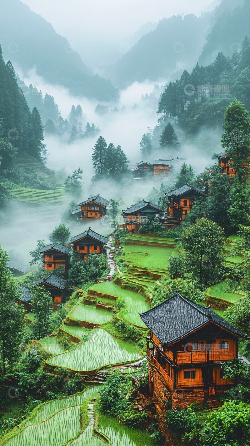 高清大图下载【趣麦麦图】稻田山村云雾缭绕3