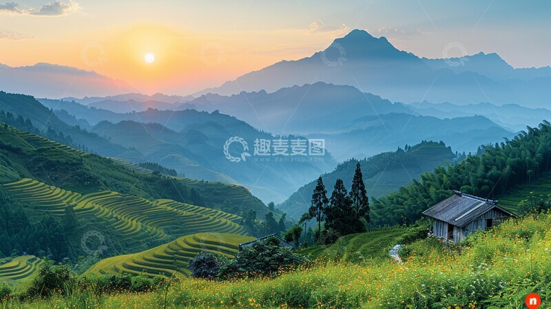 高清大图下载【趣麦麦图】梯田麦田小屋3