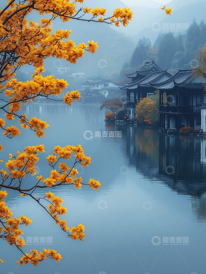 高清大图下载【趣麦麦图】湖畔黄花树与远山3