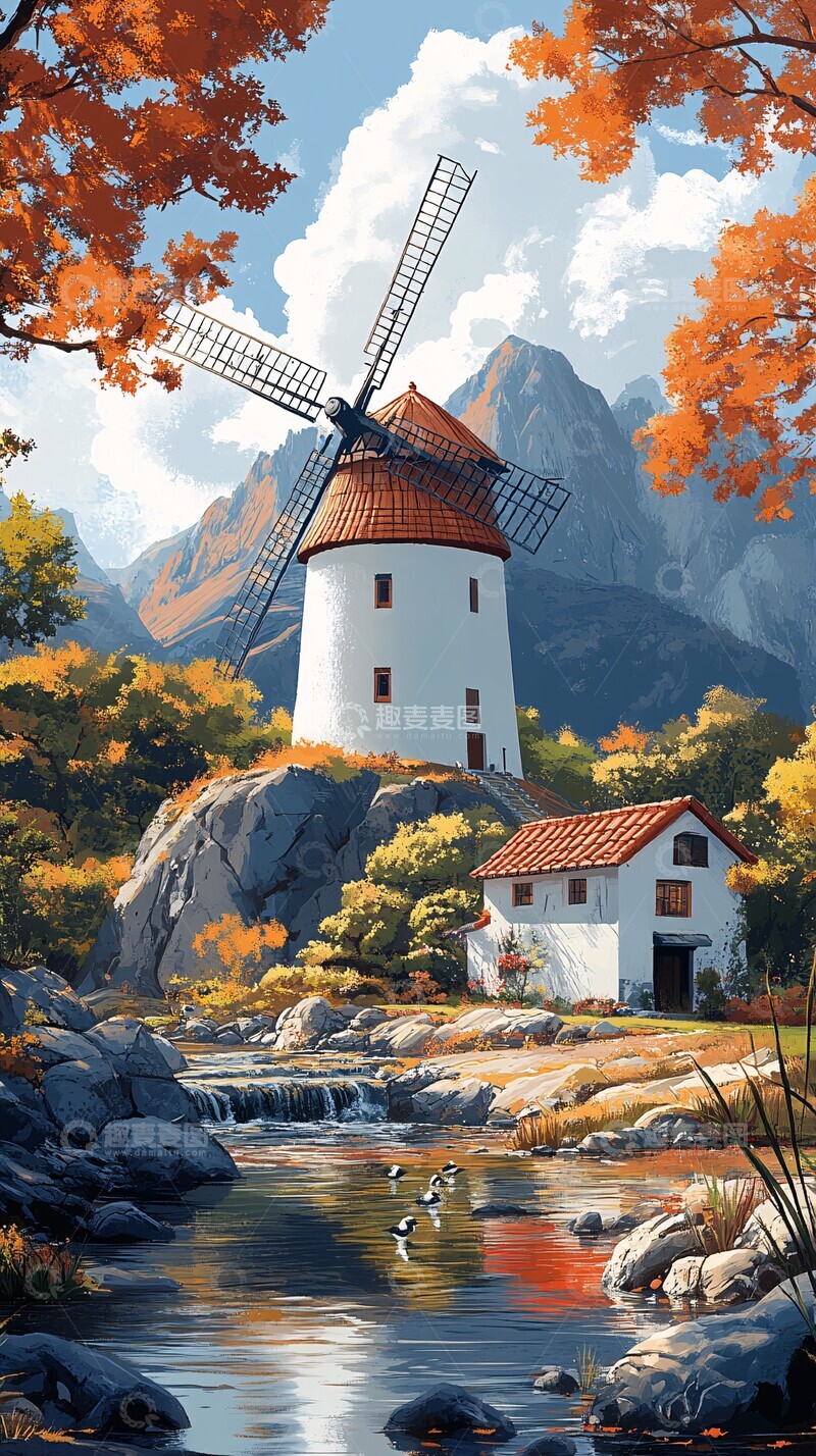 高清大图下载【趣麦麦图】风车山水乡村景1
