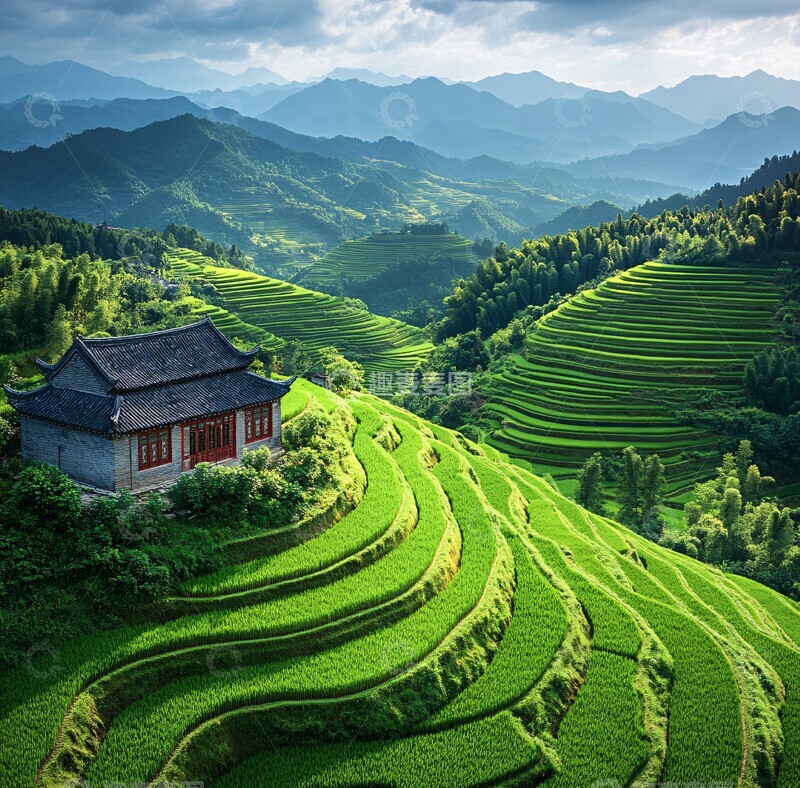 高清大图下载【趣麦麦图】梯田古屋山水2