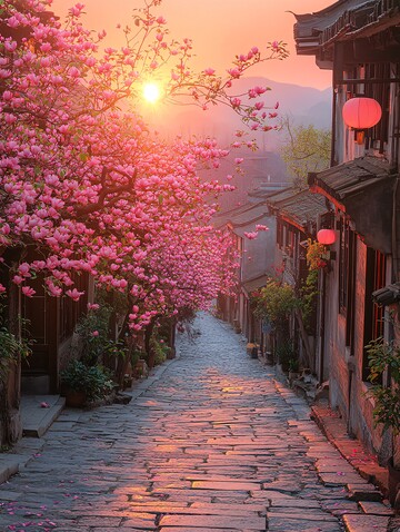 傍晚古街石路花树