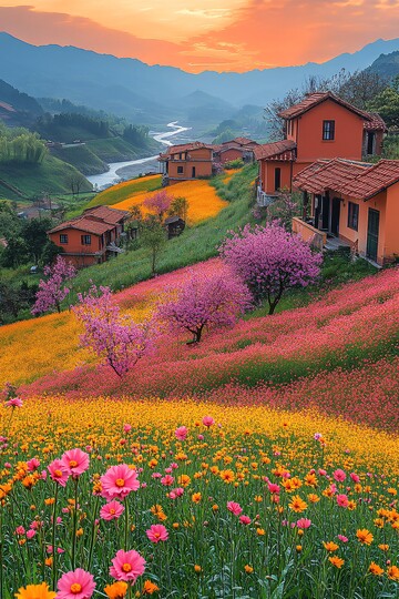 油菜花田与樱花树2