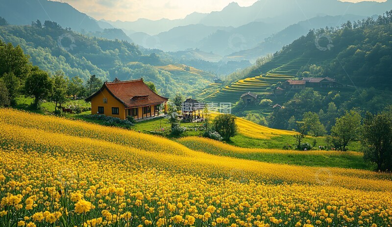 高清大图下载【趣麦麦图】青山梯田油菜花2