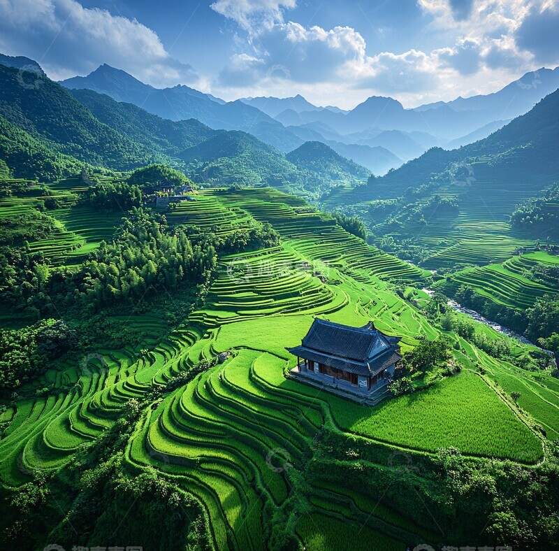 高清大图下载【趣麦麦图】梯田古屋山水3