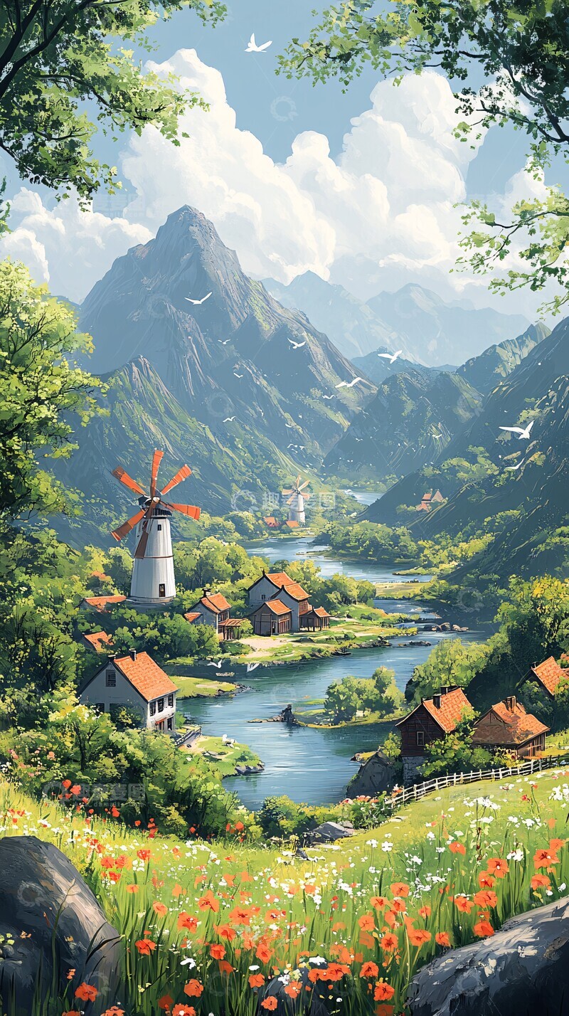 高清大图下载【趣麦麦图】风车山水乡村景2