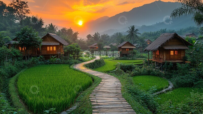 高清大图下载【趣麦麦图】稻田暮色稻田暮色村庄2